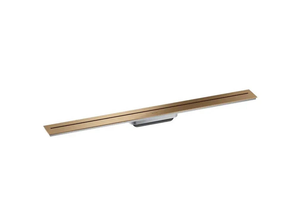 Duschrinne von AXOR in gebürstetem Bronze-Finish für Wandmontage. Schmale, längliche Bauform mit zwei Wasserablauföffnungen. Ideal für moderne Badezimmer.